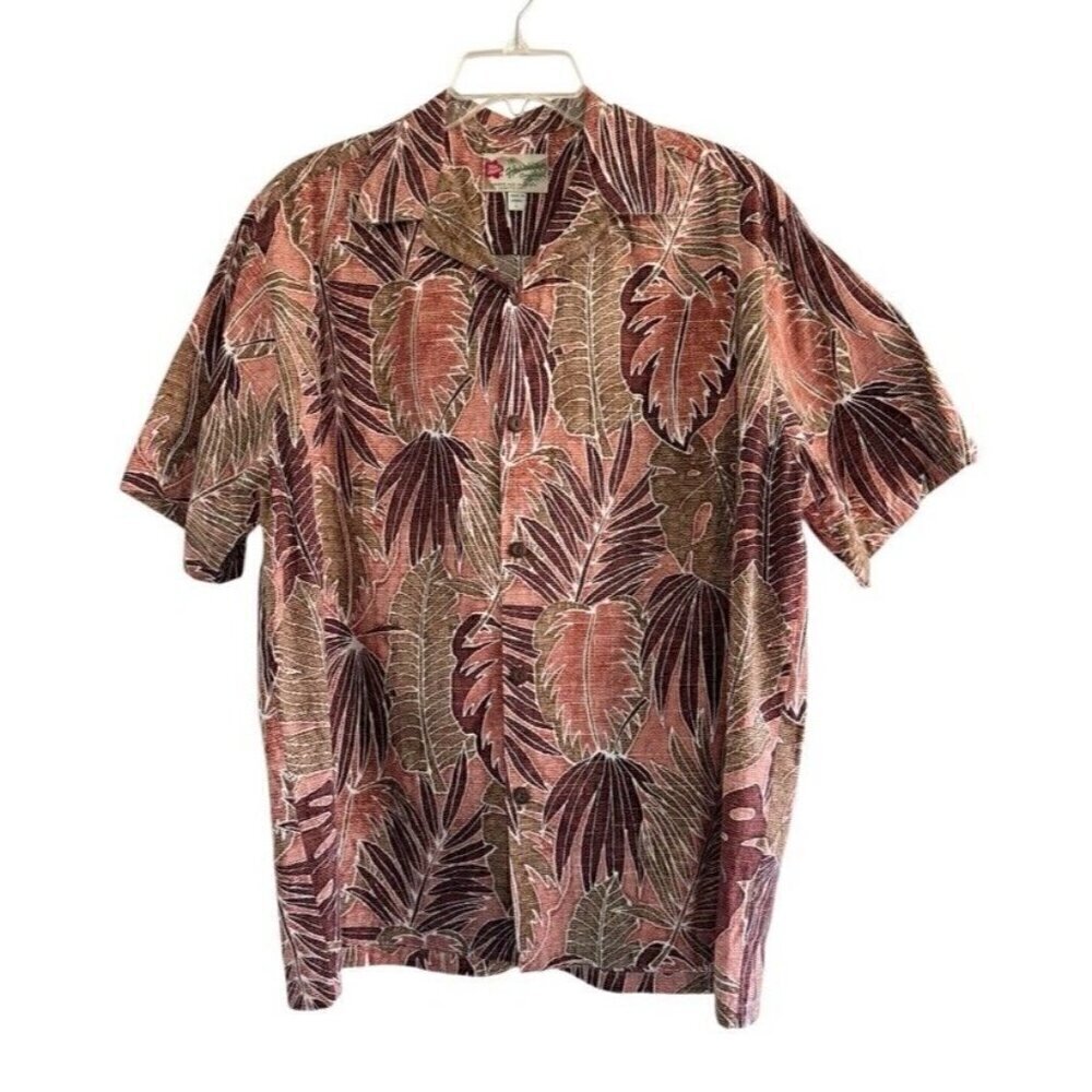 Vintage Hilo Hattie Men's Sz L Burgundy Brown Tropical Floral Hawaiian Shirt